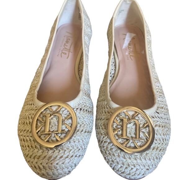 Nanette Lepore Shoes - Nanette Lepore Ballet Flats Womens 6 HAYA Weaved Gold Emblem Slip On Shoes Cream